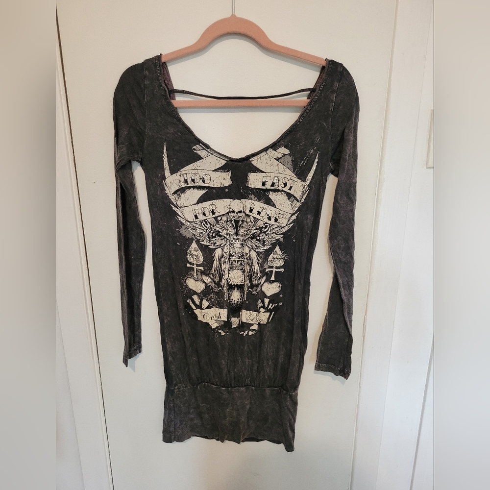 Crash & Burn Graphic Long Sleeve Mini Dress – Gothic Rock Style – Size S